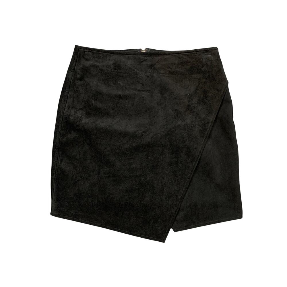 Tractr Skirt Womens 2/26 Black Faux Suede Wrap Asymmetrical Front Hem Stretch